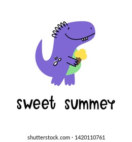 Sweet summer. Vector illustration of dinosaur with ice cream. Cartoon style.