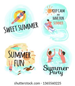Sweet summer vector, keep calm and have fun people relaxing by seaside. Woman laying on inflatable lifebuoy, swimming male and female, jet ski riding