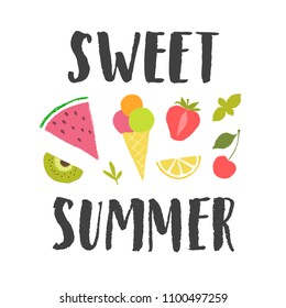 Sweet summer vector lettering with hand drawn fruits and ice cream. Products elements, calligraphic food logo. Set of illustration for farm, market, cafe design, menu and recipes.