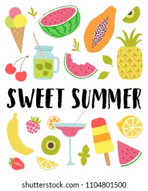 Sweet summer vector lettering with hand drawn fruits and ice cream. Products elements, calligraphic food logo. Set of illustration for farm, market, cafe design, menu and recipes.