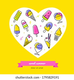 Sweet summer - vector line design style banner in a heart shape with copy space for your information. Colorful images of ice cream types, sundae, scoops, popsicle, stick, soft serve, chocolate bar