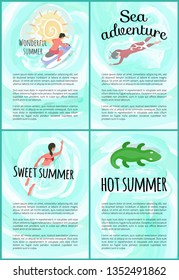 Sweet summer vector, sea adventure people on vacation set with text. Crocodile inflatable toy, woman in water swimming, person on jet ski, scuba diving