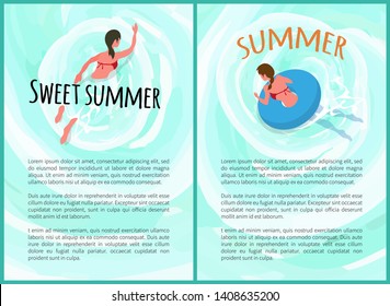 Sweet summer vector, woman swimming learning how to swim set of posters. Professional swimmer recreational sports activities, training lady in water