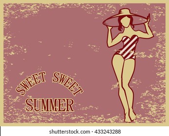 Sweet Summer vintage greeting postcard template. Vector illustration of curvy woman in retro swimsuit on old style scratched background.