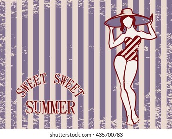 Sweet Summer vintage greeting postcard template. Vector illustration of curvy woman in retro swimsuit on old style scratched background. Beautiful pin-up girl sunbathing.