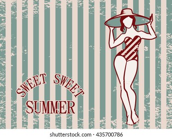 Sweet Summer vintage greeting postcard template. Vector illustration of curvy woman in retro swimsuit on old style scratched background. Beautiful pin-up girl sunbathing.