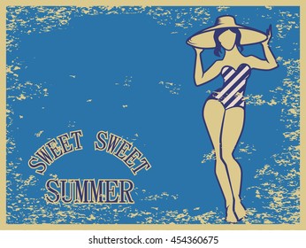 Sweet Summer vintage greeting postcard template. Vector illustration of curvy woman in retro swimsuit on old style scratched background. Beautiful pin-up girl sunbathing.