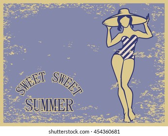 Sweet Summer vintage greeting postcard template. Vector illustration of curvy woman in retro swimsuit on old style scratched background. Beautiful pin-up girl sunbathing.