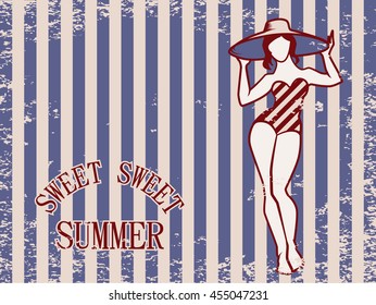 Sweet Summer vintage greeting postcard template. Vector illustration of curvy woman in retro swimsuit on old style scratched background. Beautiful pin-up girl sunbathing.