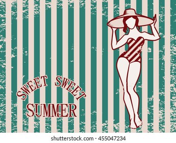 Sweet Summer vintage greeting postcard template. Vector illustration of curvy woman in retro swimsuit on old style scratched background. Beautiful pin-up girl sunbathing.