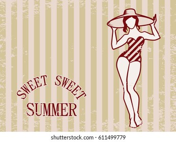 Sweet Summer vintage greeting postcard template. Vector illustration of curvy woman in retro swimsuit on old style scratched background. Beautiful pin-up girl sunbathing.