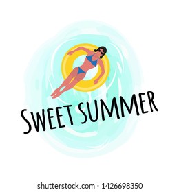 Sweet summer. Woman relaxing by seaside vector, female wearing swimming suit enjoying sun. Lifebuoy, inflatable saving ring recreation of people at resort, sea summertime relax