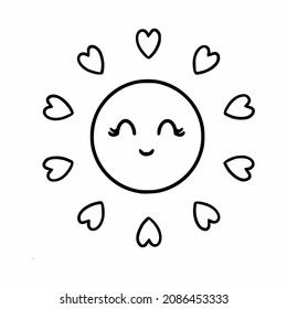 Sol dulce con sonrisa y rayos en forma de corazón. Icono vector en estilo doodle.
