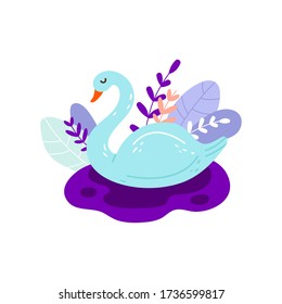 Sweet swan gliding on the water. Peach, blue and purple colors. Fairy forest floral design. Great for apparel, t-shirt print, branding, sticker, card, art for business and personal projects