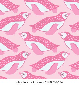 Sweet swimming penguin seamless repeat pattern in pink and white. Vector geometric sea bird design ideal for children.