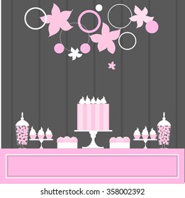Sweet table with cake and cupcakes. Wedding dessert bar. Pink colors. Vector illustration.