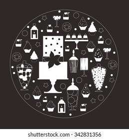 Sweet table with cake  in round frame. Vector illustration.