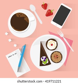 Sweet table with coffee and cakes,  flat vectors