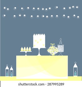 Sweet table with a garland with lights on the beach.Vector illustration