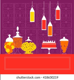 Sweet table with lanterns.   Vector illustration