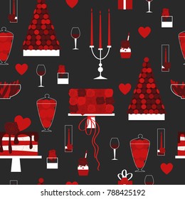 Sweet table for Valentine's Day. Dessert bar with cake and macaroons.  Vector  seamless pattern.
