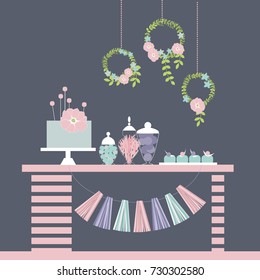  Sweet table. Wedding dessert bar. Candy Buffet.  Vector illustration.