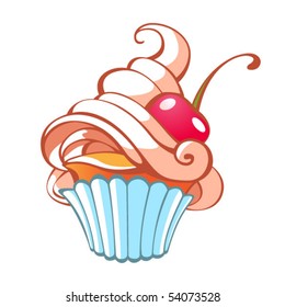 Sweet tart with paper cover and cherry on the top. Vector outline with pastel colours.