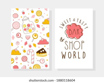 Sweet and Tasty Bar and Shop Card Template with Sweet Desserts Seamless Pattern, Candy Shop, Cafe, Confectionery Design Cartoon Vector Illustration