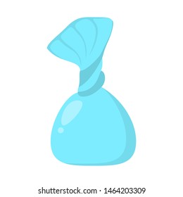 Sweet tasty candy in the blue plastic pack. Desser inside the foil. Isolated vector illustration in cartoon style