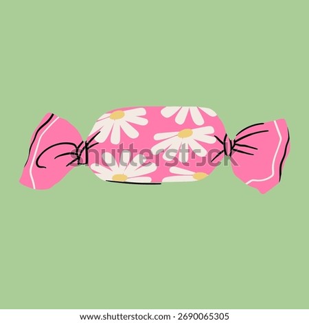 Sweet tasty candy in plastic wrapper. Pink wrapping with chamomile . Hand drawn trendy Vector illustration. Sugar snack, confectionery concept. Isolated design element. Logo, print, sticker template