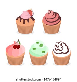 Sweet tasty cupcake set. Collection of delicious dessert with chocolate cream. Sweet muffin bakery for party. Isolated flat vector illustration