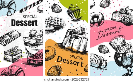 Sweet and tasty dessert in cafe or restaurant, bistro or bakery shop. Marketing banner or menu with recipes and dishes. Cakes and muffins with strawberry and donuts pastry. Vector in flat style