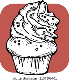 Sweet tasty dessert cupcake with cream and deco for morning breakfast in café or restaurant. Mini birthday cake for pleasure. Hand drawn retro vintage colorful vector illustration. Old style drawing.