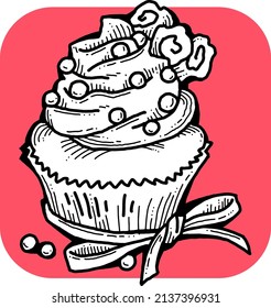 Sweet tasty dessert cupcake with cream and deco for morning breakfast in café or restaurant. Mini birthday cake for pleasure. Hand drawn retro vintage colorful vector illustration. Old style drawing.