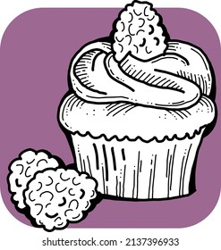 Sweet tasty dessert cupcake with cream and deco for morning breakfast in café or restaurant. Mini birthday cake for pleasure. Hand drawn retro vintage colorful vector illustration. Old style drawing.