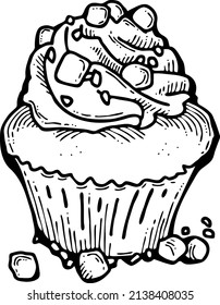 Sweet tasty dessert cupcake with cream deco for morning breakfast in café, restaurant. Mini birthday cake for pleasure. Hand drawn retro vintage vector illustration. Old style comics cartoon drawing.
