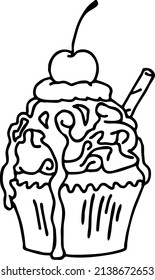 Sweet tasty dessert cupcake with cream deco for morning breakfast in café, restaurant. Mini birthday cake for pleasure. Hand drawn  vector illustration. Simple line comics cartoon drawing.