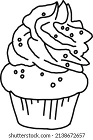 Sweet tasty dessert cupcake with cream deco for morning breakfast in café, restaurant. Mini birthday cake for pleasure. Hand drawn  vector illustration. Simple line comics cartoon drawing.