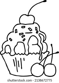 Sweet tasty dessert cupcake with cream deco for morning breakfast in café, restaurant. Mini birthday cake for pleasure. Hand drawn  vector illustration. Simple line comics cartoon drawing.