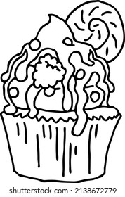 Sweet tasty dessert cupcake with cream deco for morning breakfast in café, restaurant. Mini birthday cake for pleasure. Hand drawn  vector illustration. Simple line comics cartoon drawing.