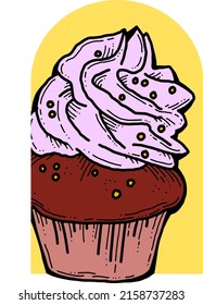 Sweet tasty dessert cupcake with cream and deco for morning breakfast in café or restaurant. Mini birthday cake for pleasure. Hand drawn retro vintage colorful vector illustration. Old style drawing.