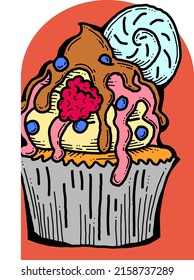 Sweet tasty dessert cupcake with cream and deco for morning breakfast in café or restaurant. Mini birthday cake for pleasure. Hand drawn retro vintage colorful vector illustration. Old style drawing.