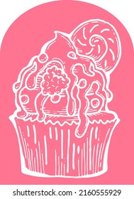 Sweet tasty dessert cupcake with cream and deco for morning breakfast in café or restaurant. Mini birthday cake for pleasure. Hand drawn retro vintage colorful vector illustration. Old style drawing.
