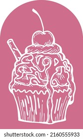 Sweet tasty dessert cupcake with cream and deco for morning breakfast in café or restaurant. Mini birthday cake for pleasure. Hand drawn retro vintage colorful vector illustration. Old style drawing.