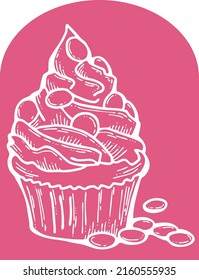 Sweet tasty dessert cupcake with cream and deco for morning breakfast in café or restaurant. Mini birthday cake for pleasure. Hand drawn retro vintage colorful vector illustration. Old style drawing.