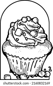 Sweet tasty dessert cupcake with cream and deco for morning breakfast in café or restaurant. Mini birthday cake for pleasure. Hand drawn retro vintage vector illustration. Old style line drawing.