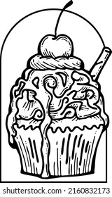 Sweet tasty dessert cupcake with cream and deco for morning breakfast in café or restaurant. Mini birthday cake for pleasure. Hand drawn retro vintage vector illustration. Old style line drawing.