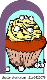 Sweet tasty dessert cupcake with cream and deco for morning breakfast in café or restaurant. Mini birthday cake for pleasure. Hand drawn retro vintage colorful vector illustration. Old style drawing.