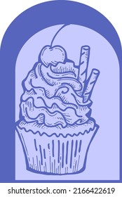 Sweet tasty dessert cupcake with cream and deco for morning breakfast in café or restaurant. Mini birthday cake for pleasure. Hand drawn retro vintage vector illustration. Line style drawing.