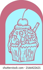 Sweet tasty dessert cupcake with cream and deco for morning breakfast in café or restaurant. Mini birthday cake for pleasure. Hand drawn retro vintage vector illustration. Line style drawing.